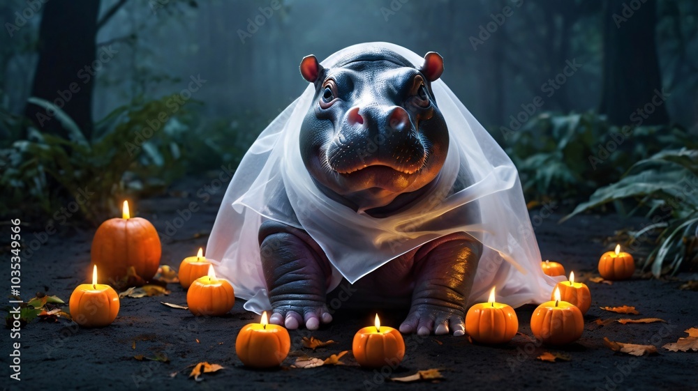 Naklejka premium Cute Hippo Halloween theme