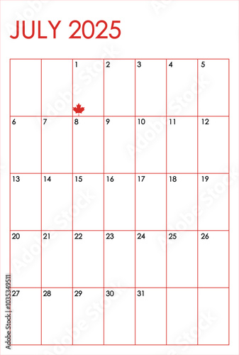 July 2025 month vertical calendar. Simple design in red and black colors and a maple leaf marking Canada Day on July 1st