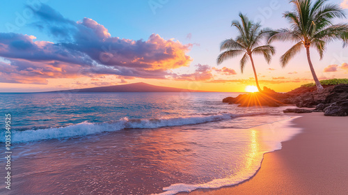A serene beach at sunset with palm trees and soft waves.