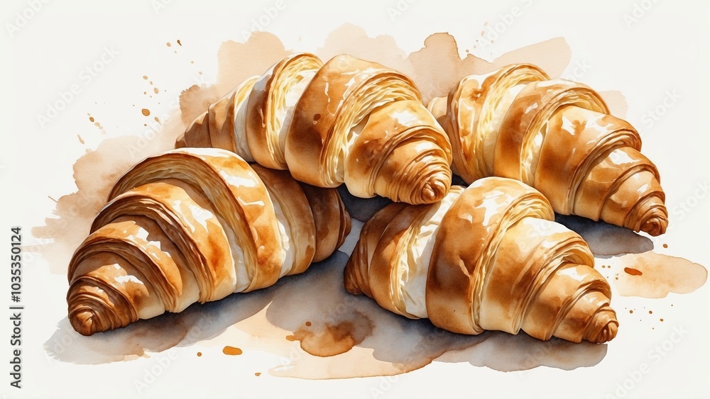Golden Croissants in Watercolor Style on White Background Golden Croissants in Watercolor Style on White Background
