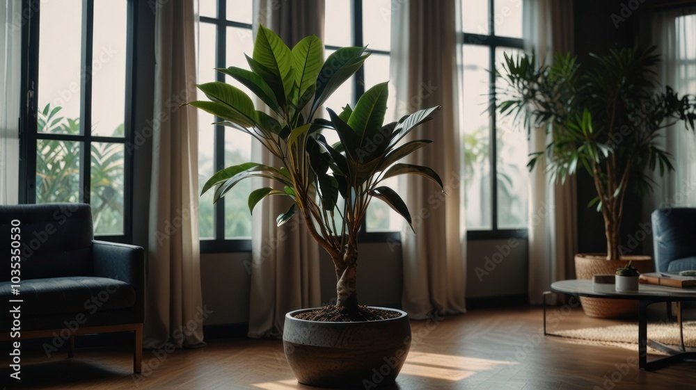 A large potted plant stands in the center of a sunlit living room with two armchairs and a coffee table. A large potted plant stands in the center of a sunlit living room with two armchairs and a coffee table.