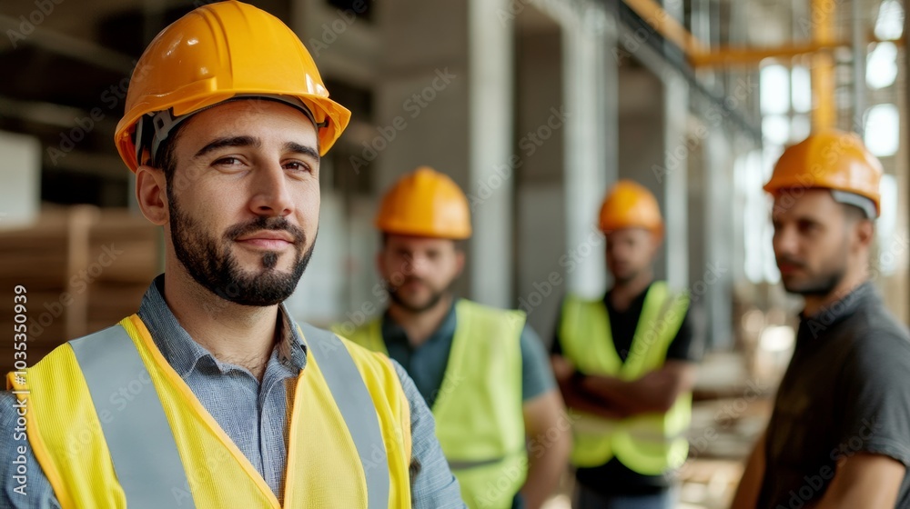 A construction manager reviewing safety protocols with a diverse team of workers, with safety gear and construction equipment visible, looking at the camera A construction manager reviewing safety protocols with a diverse team of workers, with safety gear and construction equipment visible, looking at the camera