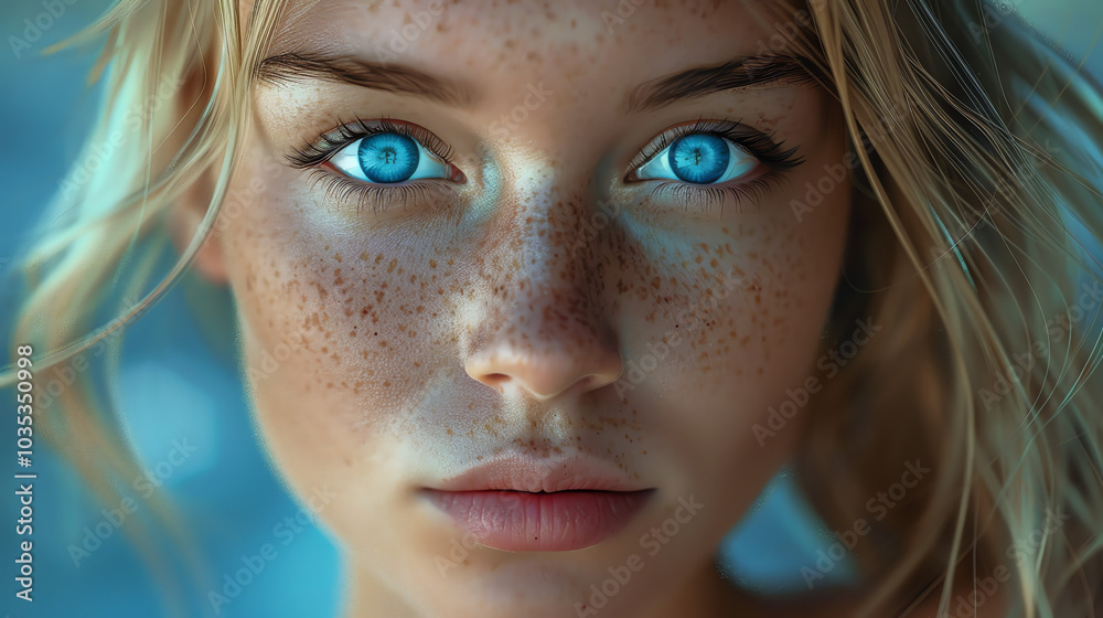 A young woman with light blonde hair and freckles. She has light blue eyes and is looking directly at the camera. A young woman with light blonde hair and freckles. She has light blue eyes and is looking directly at the camera.