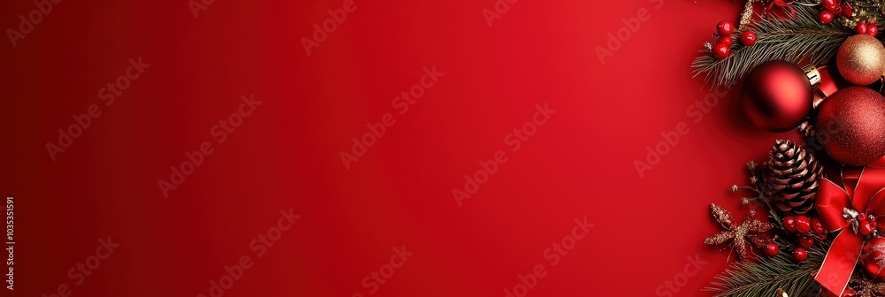 Festive Red Background with Christmas Decorations Festive Red Background with Christmas Decorations