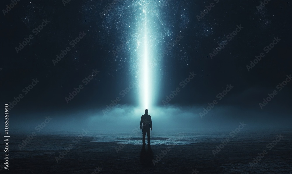 Man standing in the middle of the desert and looking at the Heavens in the sky. Bright light in dark sky, Generative AI Man standing in the middle of the desert and looking at the Heavens in the sky. Bright light in dark sky, Generative AI