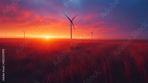 Wind turbines stand tall against a fiery sunrise, casting long shadows across a field of tall grass.