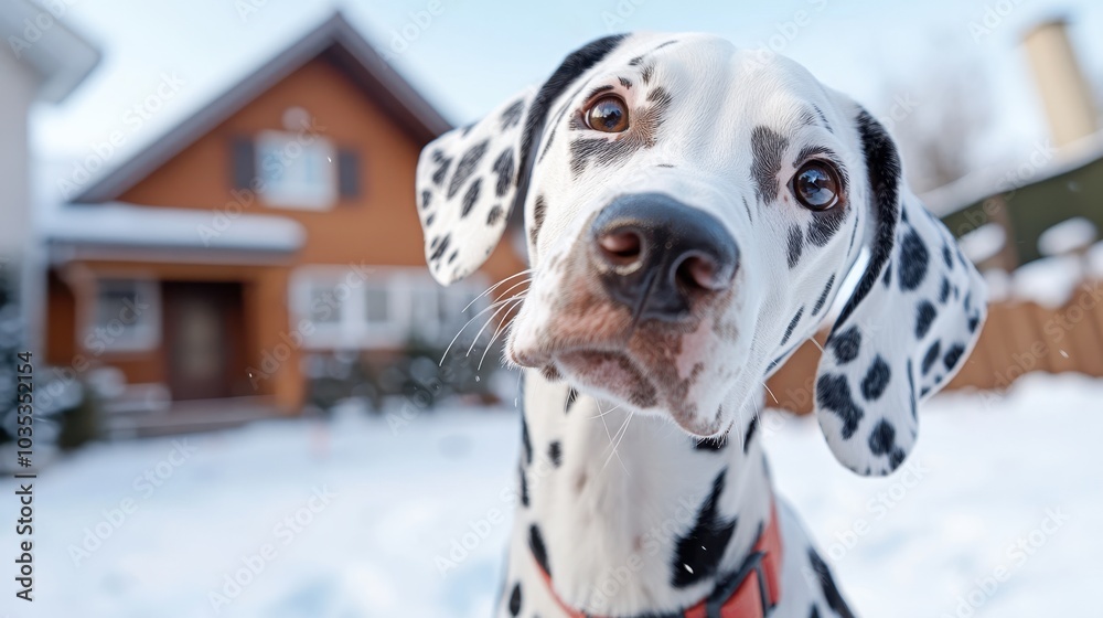 A playful Dalmatian tilts its head amidst a snowy landscape, set against a charming rural house, capturing a moment of curiosity and winter serenity. A playful Dalmatian tilts its head amidst a snowy landscape, set against a charming rural house, capturing a moment of curiosity and winter serenity.