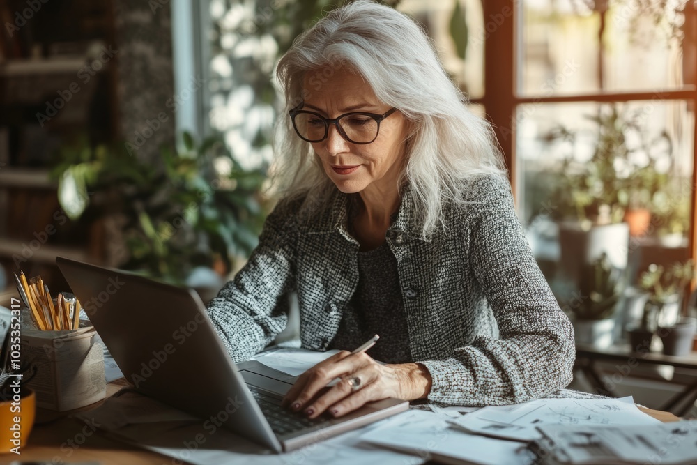 Senior businesswoman working from home, Generative AI Senior businesswoman working from home, Generative AI