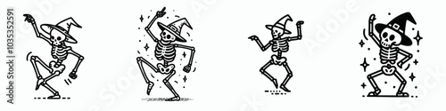 Four whimsical skeletons in various dancing poses, each wearing a party hat, embodying a fun and playful Halloween spirit.