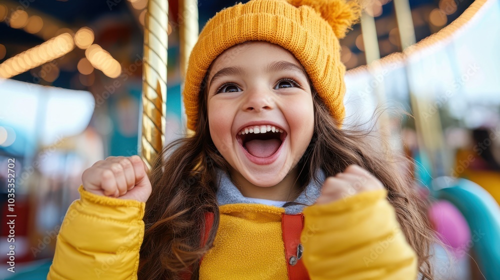 A little girl wearing a bright yellow outfit beams with excitement while enjoying a thrilling amusement ride, capturing the essence of joy and happiness in the moment. A little girl wearing a bright yellow outfit beams with excitement while enjoying a thrilling amusement ride, capturing the essence of joy and happiness in the moment.