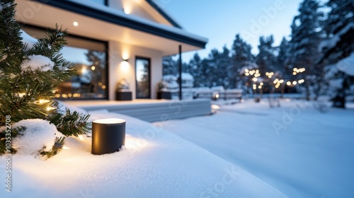 A serene winter night landscape showing a snow-covered area with softly glowing cozy lights around a modern house set in a tranquil setting surrounded by trees.