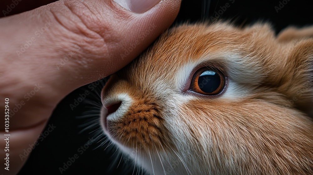 A close-up shot showcasing a hand gently petting a bunny, capturing tender moments of affection and care, highlighting the beauty of human-animal interaction. A close-up shot showcasing a hand gently petting a bunny, capturing tender moments of affection and care, highlighting the beauty of human-animal interaction.