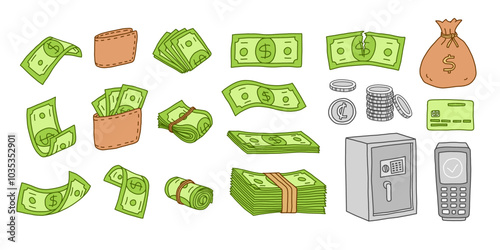 Money set doodle vector illustration. Falling and folded banknotes, credit card and coins. Hand drawn sketch style icons. Financial Literacy Month