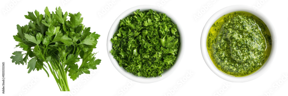 Fresh Parsley Chopped and in Pesto Isolated on White Bowls Fresh Parsley Chopped and in Pesto Isolated on White Bowls