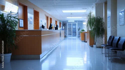 A Modern Hospital Waiting Area with a Reception Desk and Seating