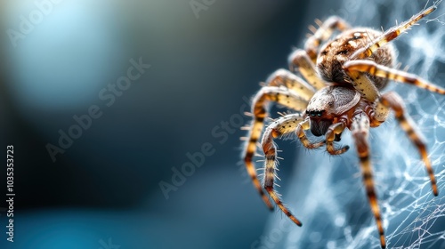 A captivating macro image of a spider artistically weaving an elaborate web, emphasizing the spider's anatomy and the delicate, yet strong web structure. photo