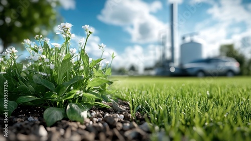 White flowers blossom under a bright sky in a green landscape with industrial structures in the blurred background, symbolizing nature versus industry. photo