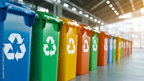 A row of colorful recycling bins in a modern facility, showcasing a commitment to waste management and sustainability. Ideal for environmental projects.