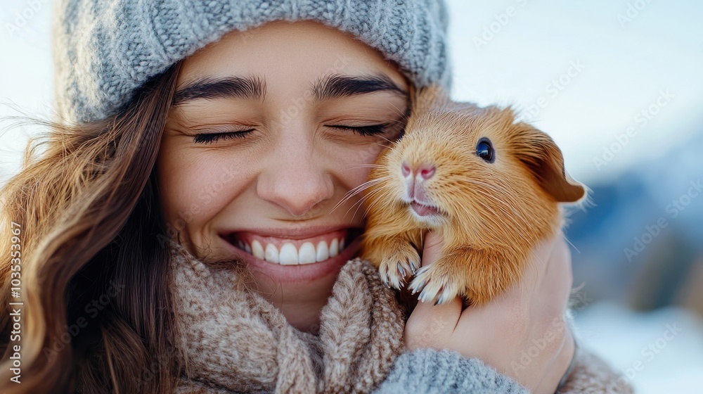 A woman happily embraces her guinea pig, showcasing a blend of love and companionship, wrapped up in cozy layers during a chilly winter day. A woman happily embraces her guinea pig, showcasing a blend of love and companionship, wrapped up in cozy layers during a chilly winter day.