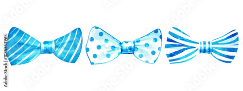 Set of cute blue bow ties isolated on white. Vector watercolor illustration of bows