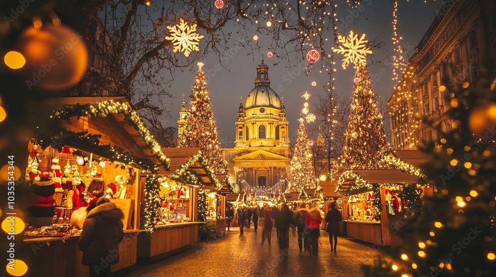 Christmas market in Budapest dazzles with festive lights and holiday cheer at Saint Stephen Basilica.