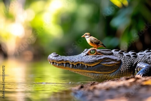 A crocodile and a bird perched on its nose, playing near a riverbank, crocodile, bird, quirky and cute photo