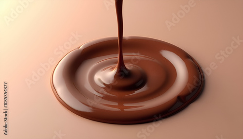 Melted chocolate pouring into a smooth glossy puddle on a beige background