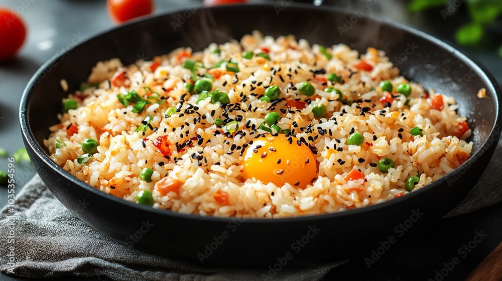 A bowl of fried rice topped with a raw egg yolk, peas, and black sesame seeds. A bowl of fried rice topped with a raw egg yolk, peas, and black sesame seeds.