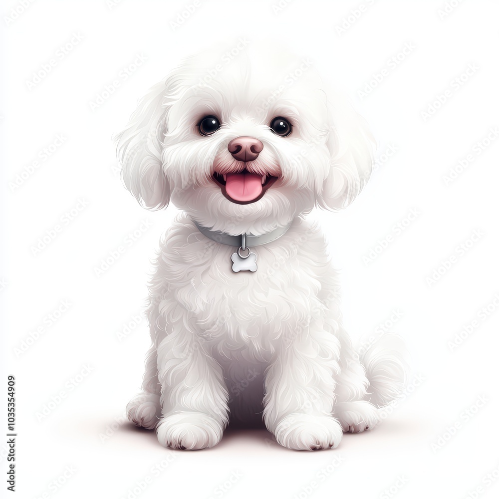 Cute white fluffy dog sitting happily with a joyful expression against a white background. Cute white fluffy dog sitting happily with a joyful expression against a white background.