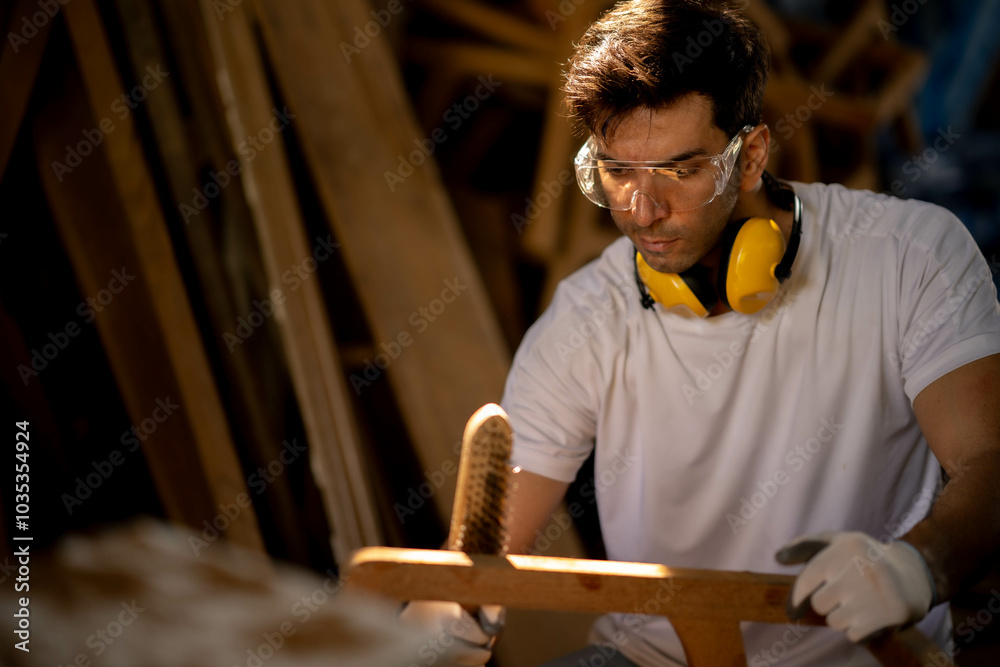 Portrait of Young White carpenter man using brush with piece of wood work with lightshing and warm tone. Portrait of Young White carpenter man using brush with piece of wood work with lightshing and warm tone.