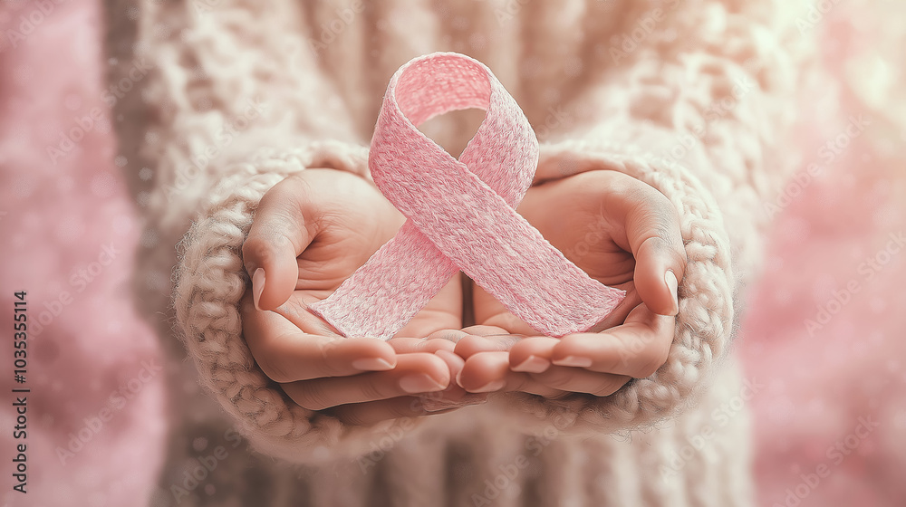 A pair of hands gently holds a pink knitted breast cancer awareness ribbon, symbolizing hope, support, and care. A pair of hands gently holds a pink knitted breast cancer awareness ribbon, symbolizing hope, support, and care.