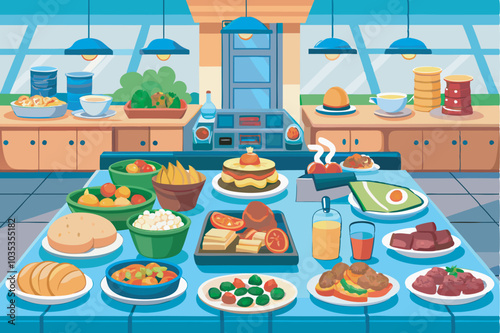 Cartoon shows a bustling cafeteria with a variety of foods on blue tables, kitchen essentials, cash registers, and cozy decor. Inviting space for social dining and communal joy.