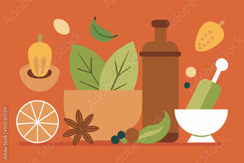  orange background shows cooking ingredients & utensils, focusing on mortar & pestle with ground leaves. Spices, fruits & decorative borders add visual appeal.