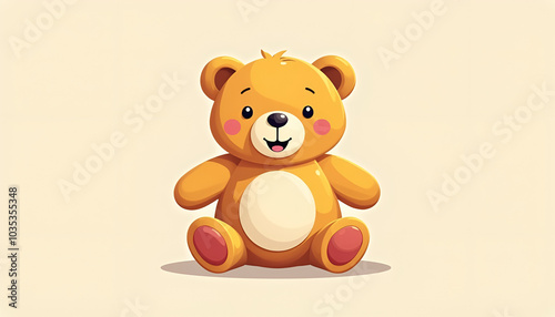 Cheerful teddy bear illustration, happy expression, children's toy concept, copy space