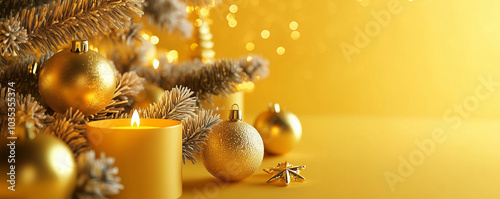 New Year and Christmas decorations, candles, balls and xmas tree on yellow background, generated ai
