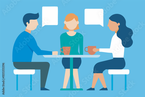 Illustration of 3 people at a table, possibly interviewing or discussing. Man in grey, woman in green, woman in orange holding cups, with speech bubbles above suggesting conversation.