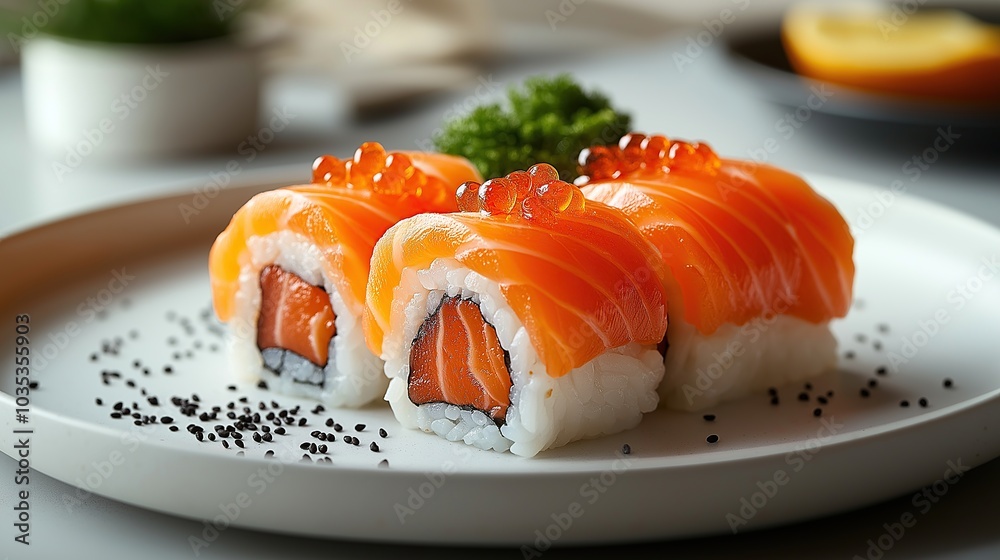 A Single Sushi Masterpiece, Elegance in Simplicity , top view of a Sushi white Plate A Single Sushi Masterpiece, Elegance in Simplicity , top view of a Sushi white Plate