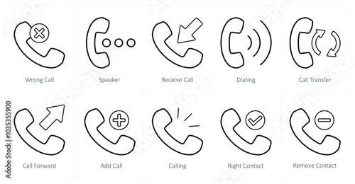 A set of 10 mix icons as wrong call, speaker, receive call