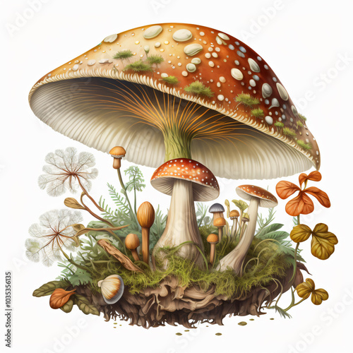 Fantasy Mushroom Forest Illustration, whimsical,magical garden,surreal nature,cottagecore decor,storybook,children's room photo