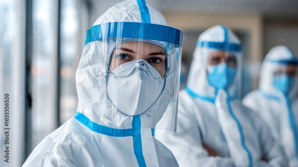 Close-up of a healthcare worker wearing a protective suit, face mask, and face shield Close-up of a healthcare worker wearing a protective suit, face mask, and face shield