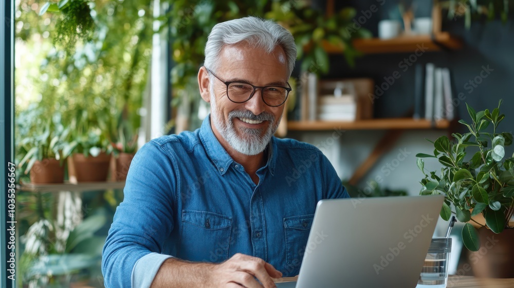 An elderly man with a beard and glasses sits in front of a laptop, surrounded by green plants, exuding a sense of wisdom and productivity. An elderly man with a beard and glasses sits in front of a laptop, surrounded by green plants, exuding a sense of wisdom and productivity.