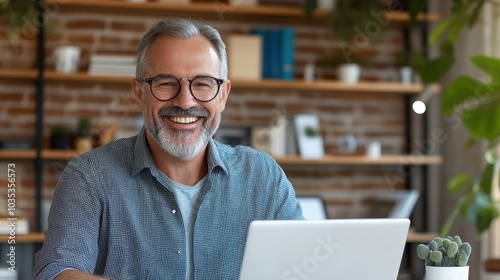 A smiling senior man works at home, engaged with his laptop in a stylish modern office with bookshelves, symbolizing experience and digital adaptability.