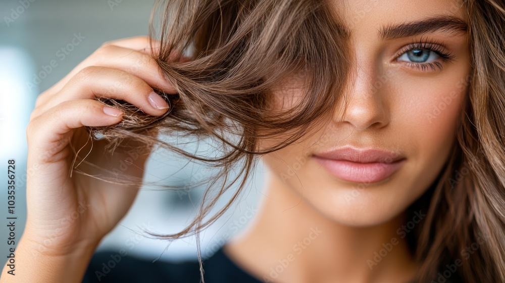 A close-up portrait depicts a woman with striking blue eyes, as she softly holds her hair, showcasing smooth skin and subtle makeup in a serene setting. A close-up portrait depicts a woman with striking blue eyes, as she softly holds her hair, showcasing smooth skin and subtle makeup in a serene setting.