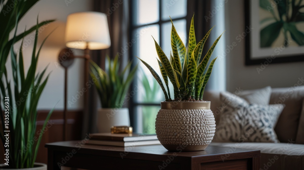 A potted snake plant on a coffee table in a living room with a couch and a window in the background. A potted snake plant on a coffee table in a living room with a couch and a window in the background.