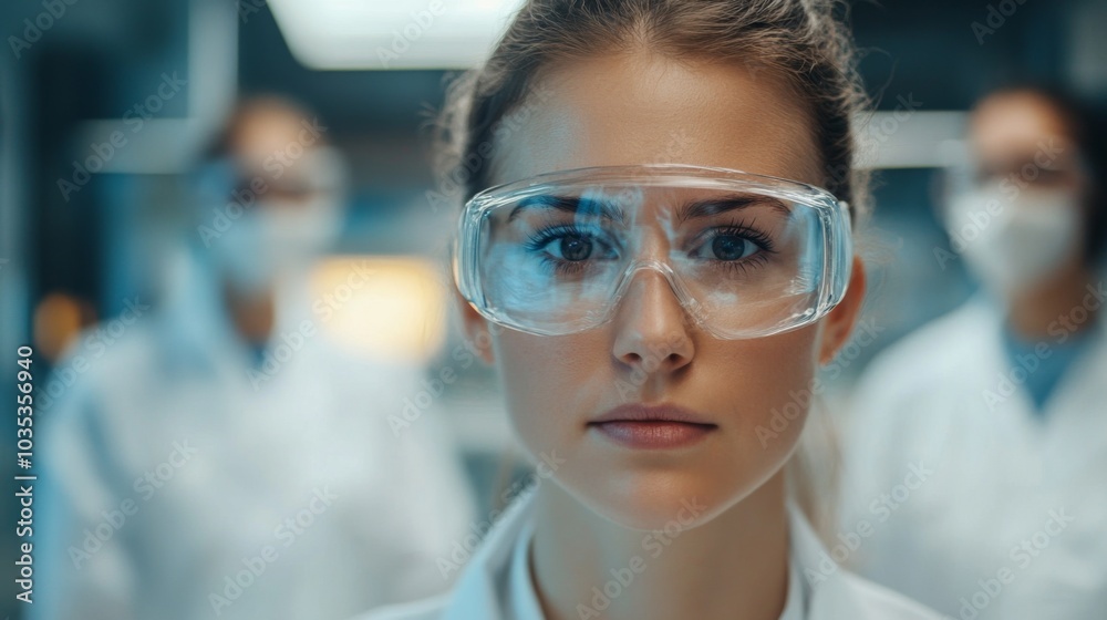 Close-up of a Woman in Protective Goggles and a Lab Coat Close-up of a Woman in Protective Goggles and a Lab Coat