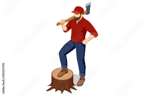 Isometric lumberjack male character holding an axe and wood log. Wood, lumberjack and man with axe.