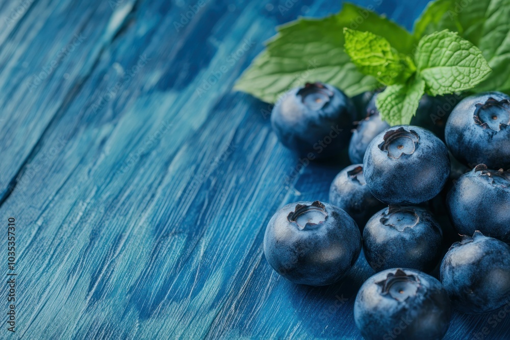 Fresh Blueberries with Mint Leaves on Blue Wooden Background Fresh Blueberries with Mint Leaves on Blue Wooden Background