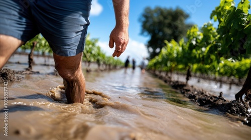 A man navigates through a vineyard submerged in floodwaters, illustrating the challenges faced by farmers due to extreme weather conditions like flooding and storms. photo