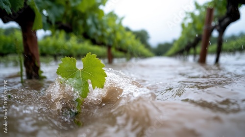 A single leaf battles against rising floodwaters in a vineyard, symbolizing both the fragility and resilience of nature amidst turbulent environmental challenges. photo