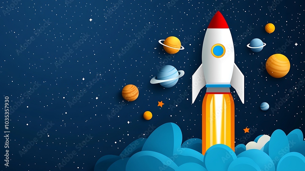 A vibrant cartoon rocket launching into a deep space scene, surrounded by colorful planets and stars. This imaginative design is perfect for themes of adventure and exploration. A vibrant cartoon rocket launching into a deep space scene, surrounded by colorful planets and stars. This imaginative design is perfect for themes of adventure and exploration.